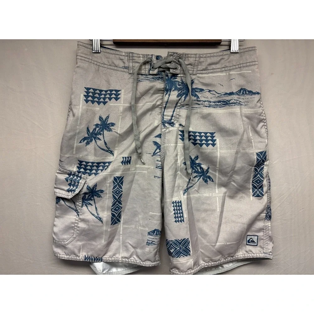 Quiksilver Board Shorts Mens Gray Blue Palm Tree Lace-Up Hawaiian Beach 30 Waist